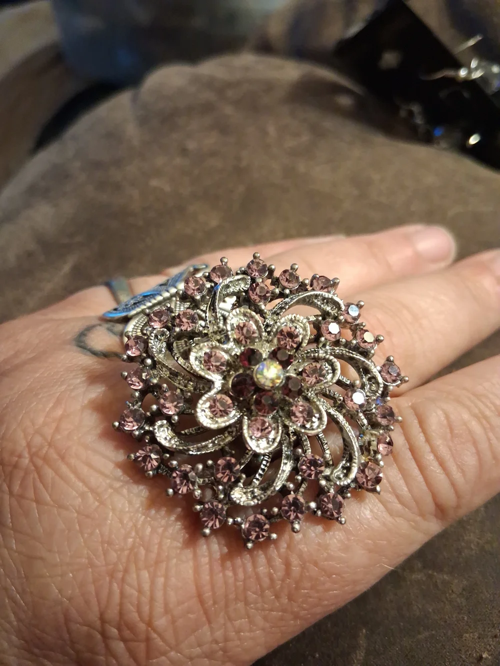 Vintage-Inspired Pink Crystal Flower Cocktail Ring